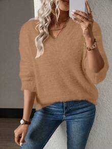 SHEIN LUNE Women's Camel V-Neck Batwing Cashmere Blend Pullover Sweater, Minimalist & Versatile - Khaki - View 3