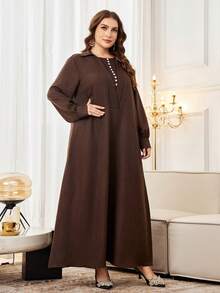 Al Najma Abito casual da donna in stile arabo, con colletto alla coreana, maniche lunghe, taglio morbido, taglia comoda, adatto per la primavera/autunno, disponibile in colori uniti