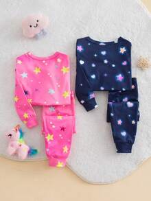 SHEIN 女婴可爱卡通图案针织长袖连体衣家居服套装 - 粉色 - 查看 2