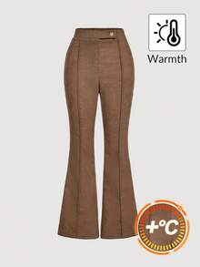 SHEIN MOD Quần ống loe nữ màu trơn, thiết kế cài nút ở eo, chất liệu nhung kẻ, kiểu dáng thường ngày, màu nâu, cạp cao, thích hợp cho mùa Thu/Đông, Lễ Tạ ơn, Giáng sinh, Năm mới, phong cách thường ngày, quần nâu, giữ ấm, quần thời trang cho nữ. - màu nâu - Xem 1
