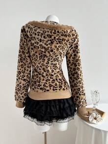 Elamini 1件棕色休闲可爱撞色法兰绒保暖内衬印花豹纹抽绳连帽柔软卫衣外套，女款，返校季，家居服 - 彩色 - 查看 2