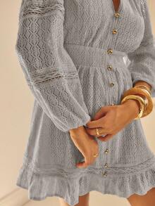 Aralina Lace Insert Long Sleeve Button Up Ruffle Hem Elegant Mini Shift Shirt Dress - Dusty Blue - View 7