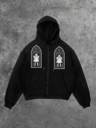 Goth sweat-shirt à capuche décontracté pour hommes avec impression de silhouette, col zippé et cordon de serrage