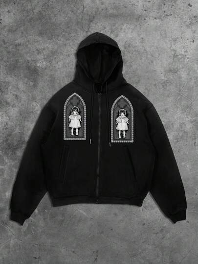 Street Life هودي كاجوال بسحاب وياقة للرجال مطبوع عليه رسوم