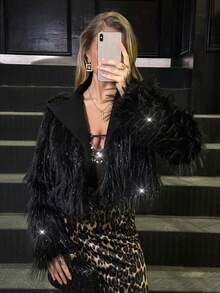 Elyressa 女士翻领长袖亮面仿皮草时尚外套