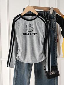 HELLO KITTY AND FRIENDS | SHEIN Tween Girl Cute Cat Print Crew Neck Long Sleeve Ruched Waist Knit Gray T-Shirt