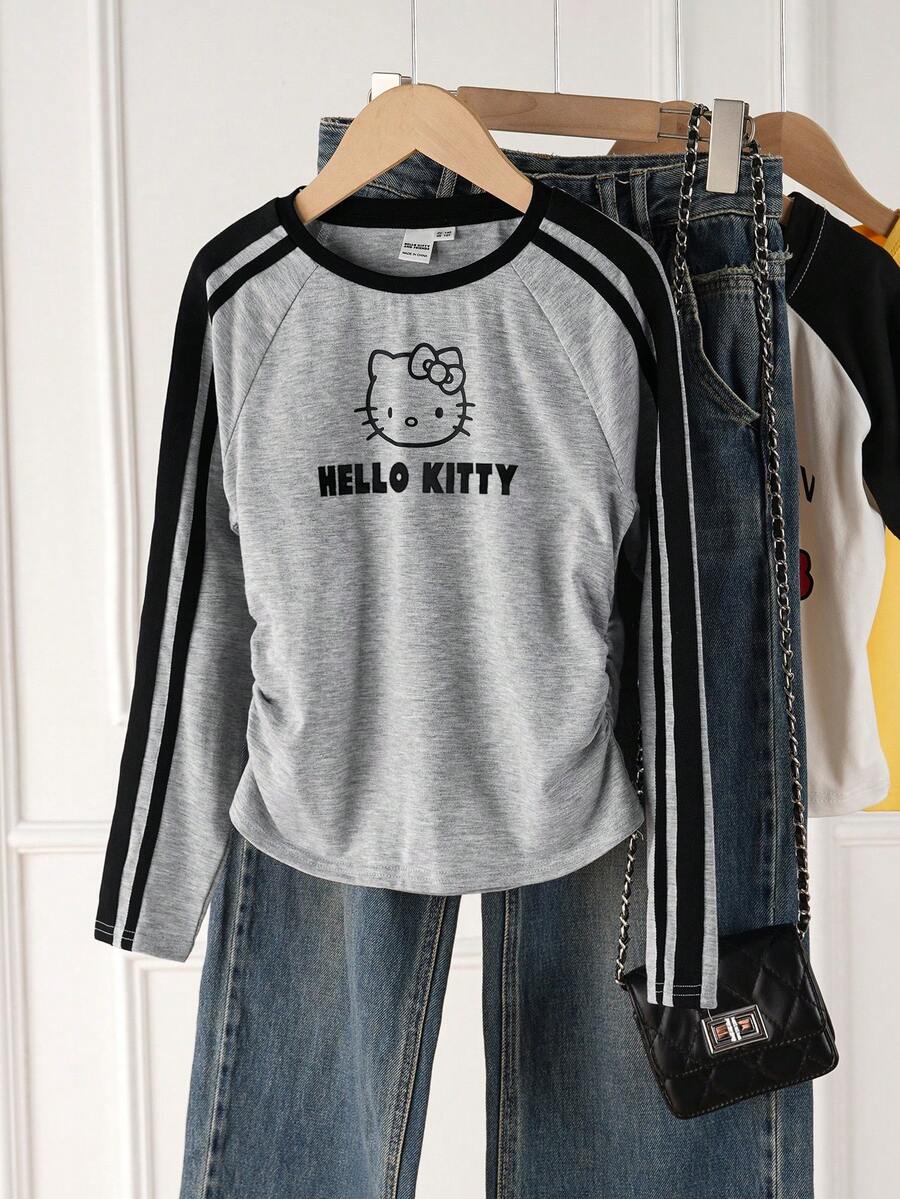 HELLO KITTY AND FRIENDS | SHEIN Tween Girl Cute Cat Print Crew Neck Long Sleeve Ruched Waist Knit Gray T-Shirt