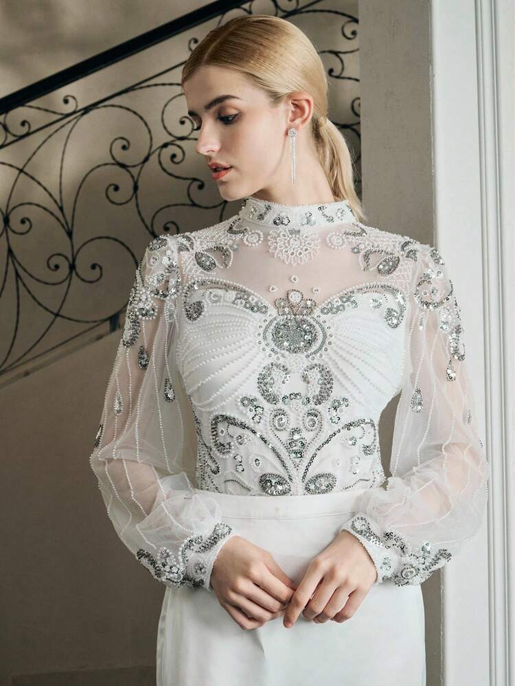 Women's Luxury Custom Beaded High-End Elegant Long Sleeve Top