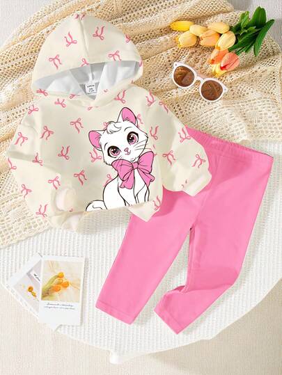 SHEIN 2pcs Baby Girl Casual Chic Cute Bow & Kitty Print Hooded Sweatshirt And Pink Leggings Set, Suitable For Autumn/Winter, Daily, Indoor And Outdoor Wear