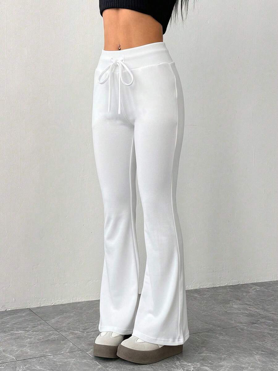 SHEIN PETITE Women's Casual Gray Knitted Elastic Waist Flared Sweatpants Wide Leg Sweatpants White Beach Pants Women White Pants White Sweat Pants White Flare Pants