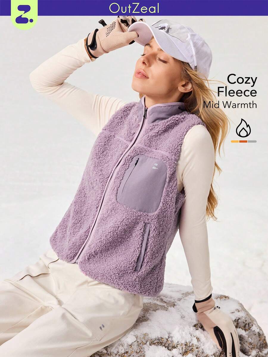 OutZeal Veste sans manches en polaire douce et chaude pour femmes, col montant, fermeture éclair avant, poches, idéale pour la randonnée et le camping en automne et en hiver