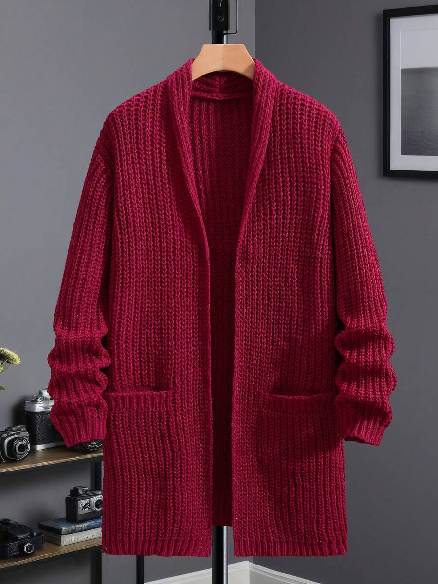 Manfinity Homme Men's Casual Solid Color Cardigan With Dual Pockets, Autumn/Winter Men Sweater Cardigan Red Cardigan Men, Long Sleeve Top - Red - View 1