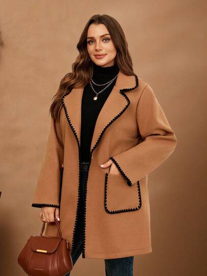 Rosumi Plus Size Women's Fall Casual Elegant Long Sleeve Pockets Solid Color Brown Contrast Embroidered Black Lace Black Edge Warm Overcoat,Autumn/Winter,Going Out Outfits, New Clothes,Fall Clothes For Women,Coats For Women,