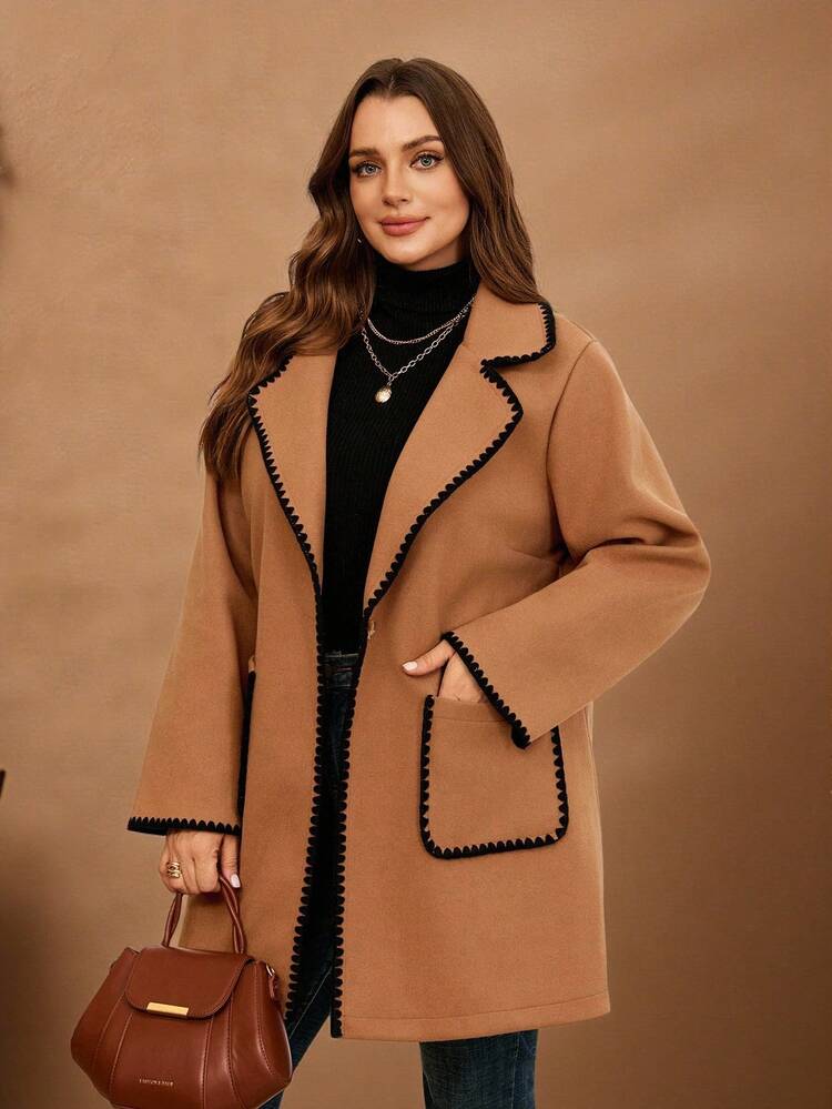 Plus Size Women's Fall Casual Elegant Long Sleeve Pockets Solid Color Brown Contrast Embroidered Black Trim Warm Overcoat,Autumn/Winter,Going Out, New,Fall