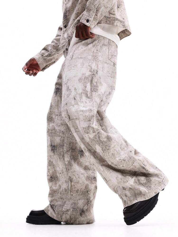 Multi Paneled Wide Leg Baggy Jeans With Distressed Pattern