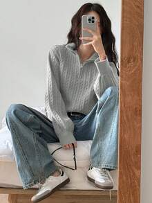 FRIFUL Suéter de manga larga con cremallera y cuello holgado y casual para mujer, otoño/invierno - Gris - Ver 2