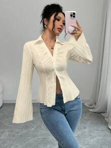 Selianne 女士法式V领白色衬衫，收腰设计，秋季款 - 杏色 - 查看 3