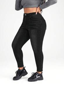 Firerie Pantalones de mezclilla negros elásticos y entallados de talla grande de 3/4