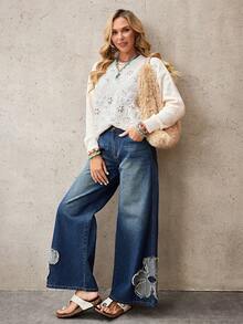 EMERY ROSE 女士休闲花卉贴花阔腿牛仔裤 - 藍色 - 查看 7