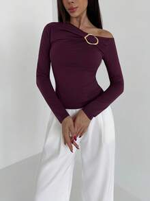 Aloruh 女士秋冬金属装饰斜肩修身T恤 - 中紫紅色 - 查看 6