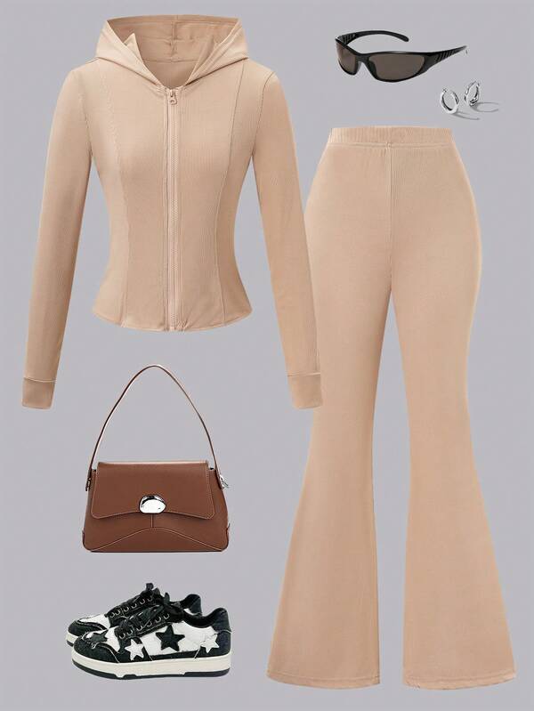 2pcs/Set Teenager Girls' Casual Tight Hoodie Jacket And Flared Pants Sportswear Set