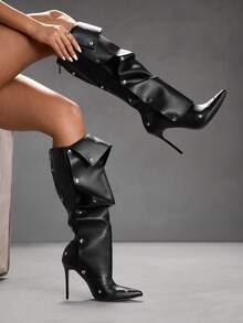 CUCCOO SZL Women's Fashion High Heel Thigh High Boots, Pointed Toe Slim Heel Ruched Tall Boots For Christmas - Black - View 4