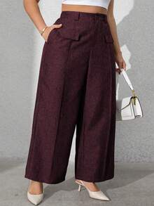 Vionelle 大码女式纯色前袋休闲西装裤高腰阔腿裤优雅女式阔腿裤红色女式阔腿裤 - 酒紅色 - 查看 5