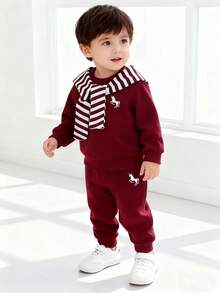 SHEIN Playful Pals 男婴三件套刺绣图案圆领保暖卫衣和条纹披肩领长裤套装，秋冬季宝宝休闲套装，宝宝秋季服装，宝宝运动服，宝宝冬季服装，宝宝运动服，男婴服装，男婴套装，男婴衣服，男童秋季套装