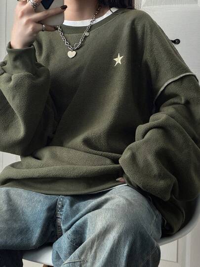 FRIFUL Women's Casual Drop Shoulder Long Sleeve Contrast Line Pattern Blouse, Autumn/Winter