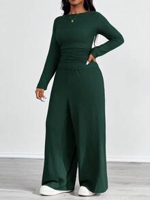 SHEIN PETITE CURVE 2pcs Plus Size Textured Brown Pleated Long Sleeve Top And Pockets Pants Set/Winter - Green - View 4