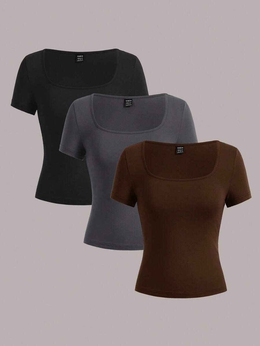 SHEIN EZwear 3 件女式短袖短款休闲修身 T 恤,适合夏季 - 彩色 - 查看 1