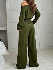 SHEIN EZwear Bộ đồ thường ngày cho nữ, áo nỉ dài tay cắt ngắn bất đối xứng màu trơn và quần ống rộng - xanh quân đội - Xem 2