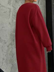 SHEIN EZwear 酒红色大码宽松休闲长款抓绒卫衣裙，秋冬款 - 酒紅色 - 查看 7