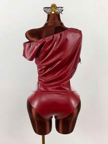 Amplova Women's Burgundy Spandex Bodysuit, Asymmetric Shoulder Top Patchwork Leather Red Swimsuit Y2K Summer Outfit,Seksi Chic Night Club - Burgundy - View 11
