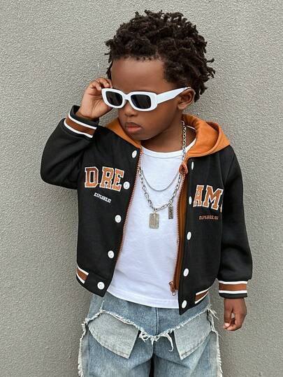 Babypojkejacka med huva och engelsk sloganbroderi, 2 i 1, streetwear-sportstil, lämplig för utflykter, semestrar, fotograferingar, campus och mer, höst/vinter