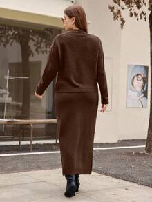 Easura Plus Size Women Solid Color Casual Crew Neck Drop Shoulder Sweater And Knit Midi Skirt Set - Brown - View 2