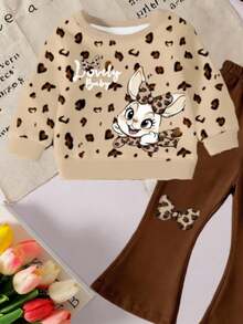 两件套可爱豹纹兔子图案卫衣和喇叭裤套装，适合女婴，舒适的秋冬及圣诞节服装 - 彩色 - 查看 4