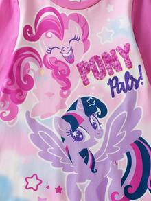 My Little Pony X SHEIN 年轻女孩梦幻甜美小马印花针织圆领荷叶边下摆睡裙，秋冬 - 粉色 - 查看 5