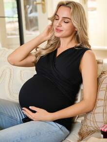 SHEIN Maternity Casual Solid Color Wrap Camisole Maternity Top Dress For Pregnant Women Sexy Maternity Clothes Maternity Clothes T Shirts Maternity Clothes For Photoshoot - Black - View 7