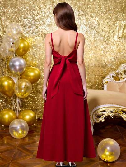 SHEIN Glowmode Dress Tween Girls Partywear Pleated Side Spaghetti Strap Bridesmaid Dress Elegant Formal Evening Prom Wedding Guest Gown, For Graduation, Dinner Party Dress