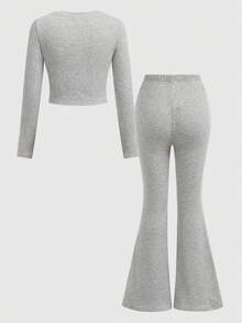 SHEIN Girlism Tween Girl Grey Ribbed Knit Casual Collared Top And Flare Pants 2 Pieces Set - Grey - View 2