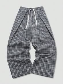 ROMWE MEN Men's Casual American Plaid Wide Leg Woven Pants, Spring & Autumn - Black - View 6