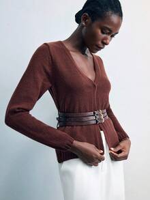 Maija Chic Maroon Autumn Office Sweater Women's Casual V-Neck Belted Cardigan,Solid Color Long Sleeve Knit Top,Daily Wear Minimalist Christmas Jerseys - Brown - View 3