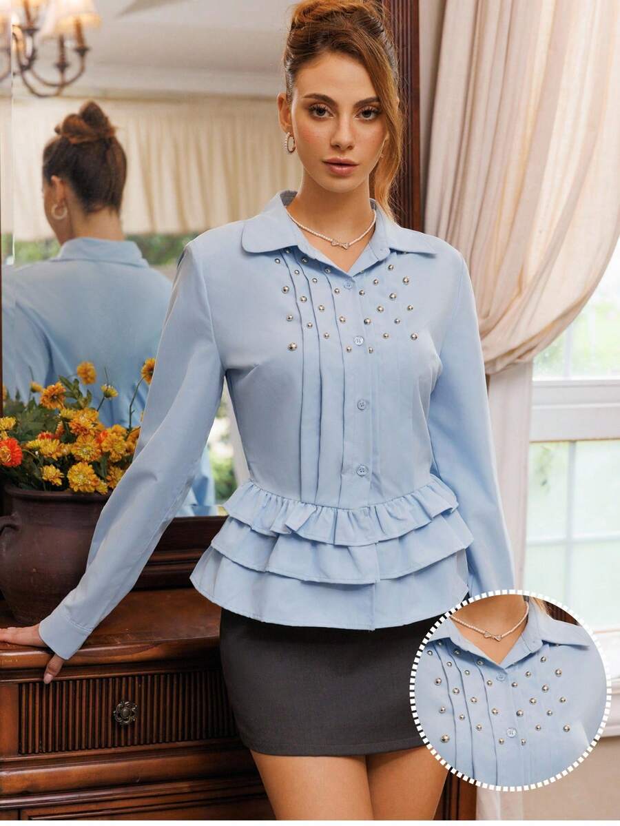 Relinas Blusa casual de estilo callejero con pliegues de burbuja plateada tejida en azul para mujer, primavera/otoño