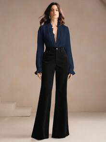 Anewsta 女士黑色灯芯绒裤，铆钉口袋设计，优雅商务休闲喇叭裤，适合秋冬季穿着