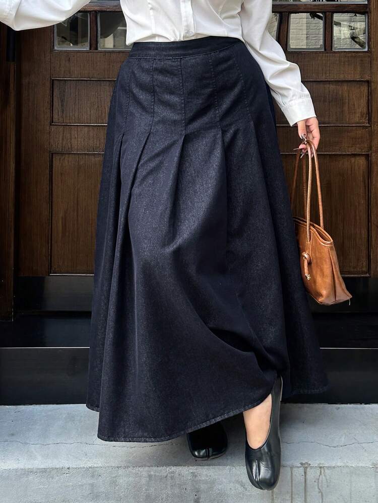 Dazy Plus Dark Wash Blue Pleated A-Line Long Denim Skirt, Casual For Spring & Autumn