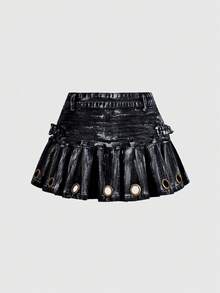 ROMWE Avant Chân váy denim siêu ngắn cạp siêu thấp xếp ly bạc - màu đen - Xem 2