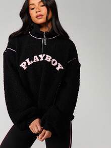 Missguided x Playboy 四分之一拉链泰迪绒卫衣，粉色撞色滚边细节，休闲街头风套头衫 - 黑色 - 查看 1