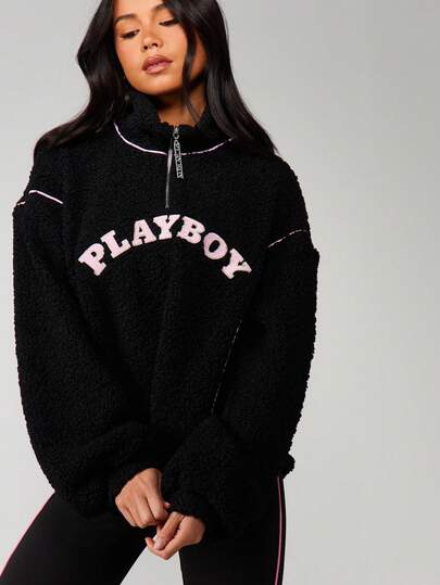 Missguided x Playboy Quarter Zip Teddy Fleece Sweatshirt With Pink Contrast Piping Details Casual Streetwear Pullover