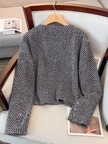 Regalyn Plus Size Women's Fashionable Commuter Daily Versatile High-End Gray Tweed Short Jacket, Elegant Style, Autumn/Winter Fall